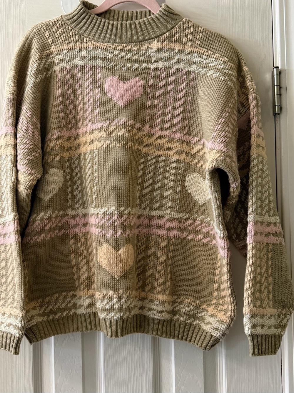 Hot Cashews Vintage Plaid Heart Sweater Mock Neck Medium Pink Tan
